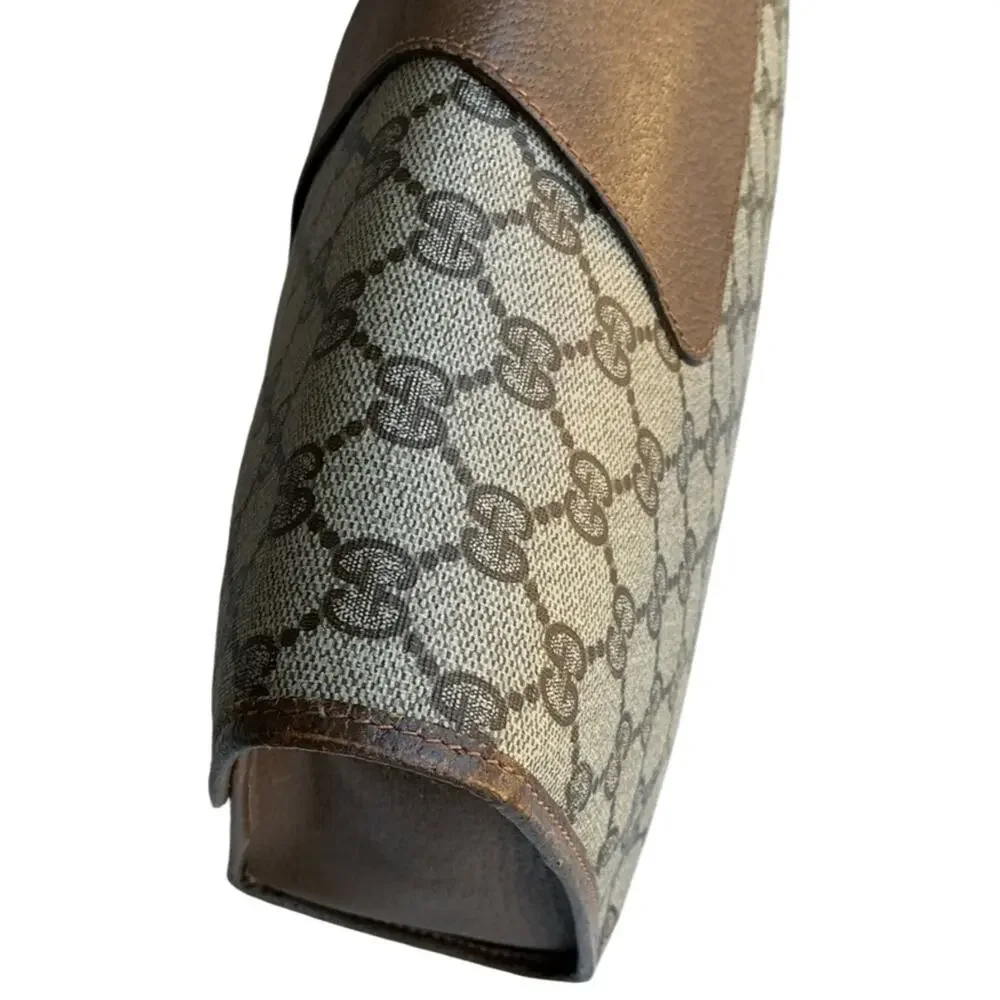 Gucci Beige GG Supreme Canvas Clutch with Brown Trim and Green-Red Web